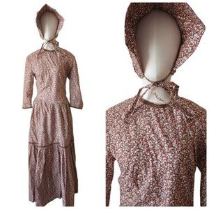 Vintage handmade floral cottage core dress with matching bonnet